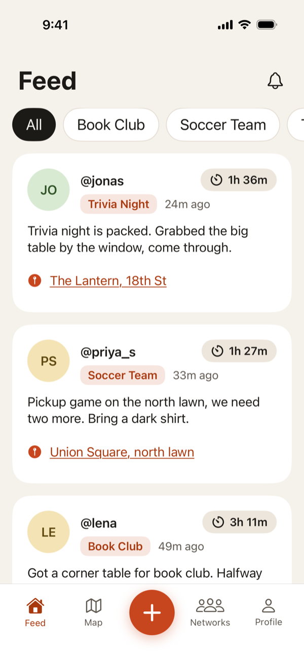 The Hereabouts feed, showing check-ins from friends in a trivia group, a soccer team and a book club.